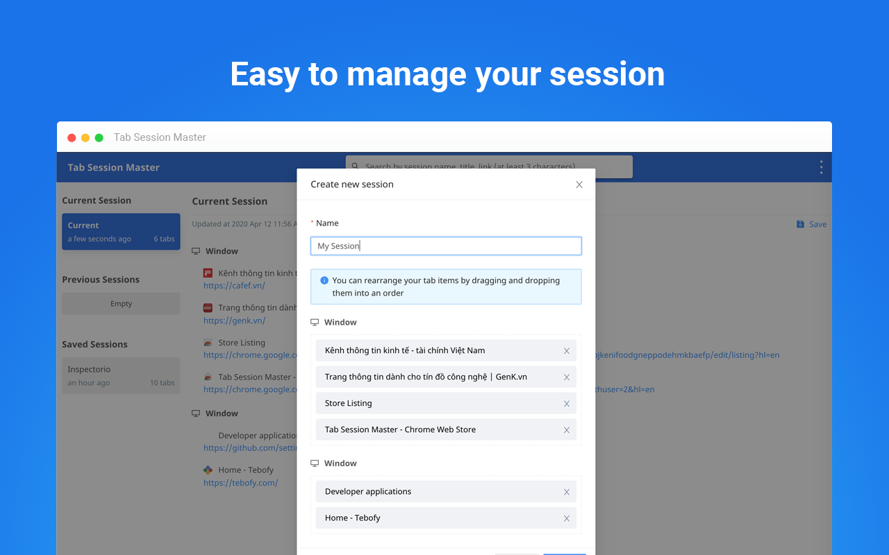 Easy to manage saved sessions